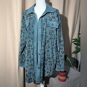 BIBI Teal Blue Leopard Corduroy Shacket - Oversized Button Down - XL